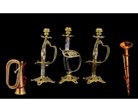 Set Of Three Military Related Novelty Candle Holders, All Three in The Form Of Sword Hilts, Brass Mounted, Height 11 Inches. 