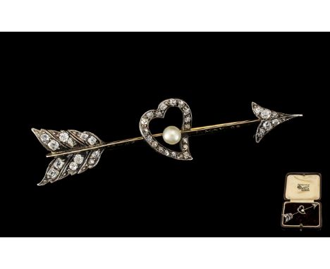 Antique Period Attractive 9ct Gold Sweetheart Brooch set with Diamonds in the form of an arrow striking through a heart.  Not