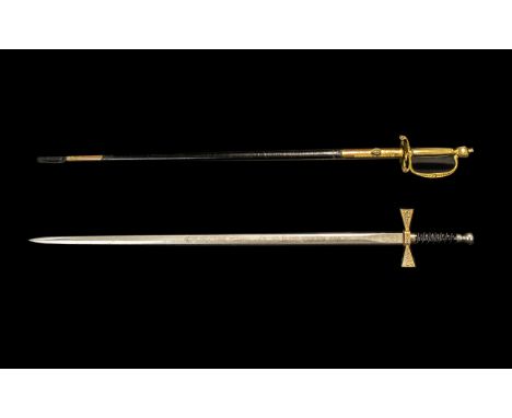 Two English Dress Swords, one in a leather scabbard, with a gilt tooled hilt, engraved to theblade VR and Crown.  38" in leng