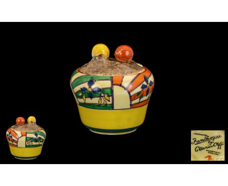 Clarice Cliff Hand Painted - Lidded Preserve Pot ' Abstract ' Range. Sunray Leaves ' Design. Date 1929. Excellent Condition I