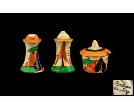Clarice Cliff Hand Painted ( 3 ) Piece Cruet Set ' Trees and Houses ' Design - Orange. c.1929. Comprises Pepper Pot, Salt Pot