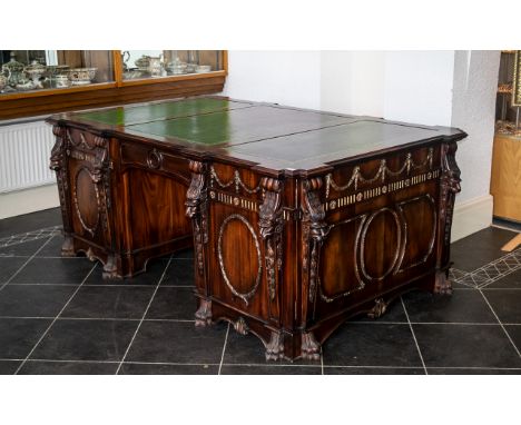 Chippendale Style Mahogany Nostell Priory Partners Desk of fine proportions and size. Finely carved with lion's heads and swa