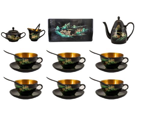 Chinese/Canton Black Lacquered Tray &amp; Tea Set.  Comprising: a tea pot; lidded sugar bowl with sugar tongs; milk jug; six 