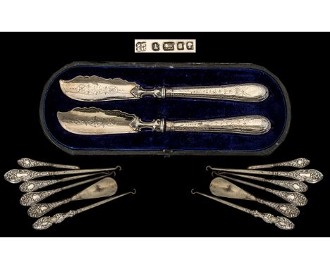 Pair Of Victorian Silver Bladed Fish Knives In Fitted Case Hallmarked For Sheffield J 1876, Together With A Collection Of Fou