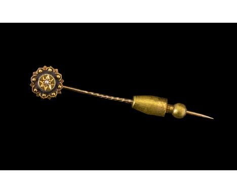 Victorian Period 15ct Gold Diamond Set Stick Pin.  Circular top with inset star shape and central diamond.  Please see images