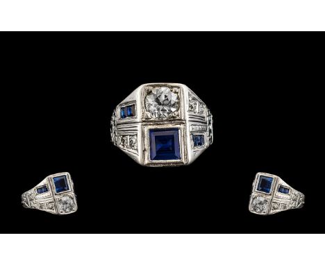 Art Deco Period 18ct White Gold Superb Sapphire and Diamond Set Ring. Marked 18ct. The Central Brilliant Cut Diamonds of Top 