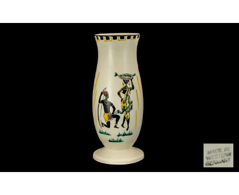 Art Pottery Ivory Coloured Glazed Shaped Vase Made in West Germany 1960's. Typical of this period. Decorated with African fig