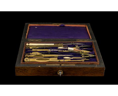 Vintage Draughtsman's Set in decorative inlaid wooden box with key.  Complete set of draughtsman's tools.  Please see images.