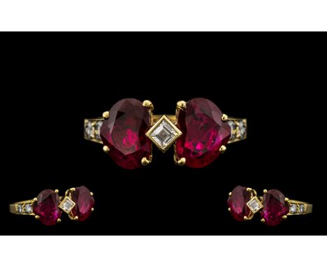 18ct Yellow Gold Attractive Sweethearts Rubies and Diamond Set Ring the two large heart shaped natural rubies of excellent co