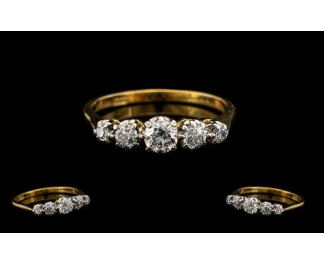 18ct Gold Diamond Ring Set With Five Graduating Old Round Cut Diamonds, Estimated Diamond Weight .90ct, Ring Size V, Stamped 