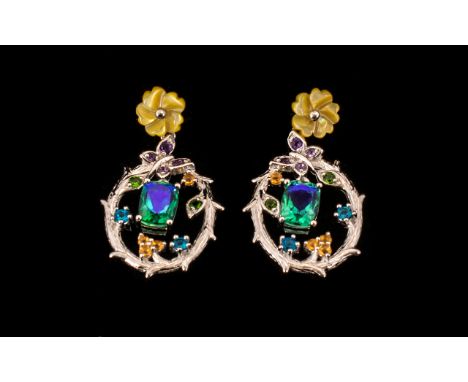 Peacock Quartz, Neon Apatite, Fire Opal, Amethyst and Russian Diopside Drop Earrings, in Art Nouveau style, with solitaire, c