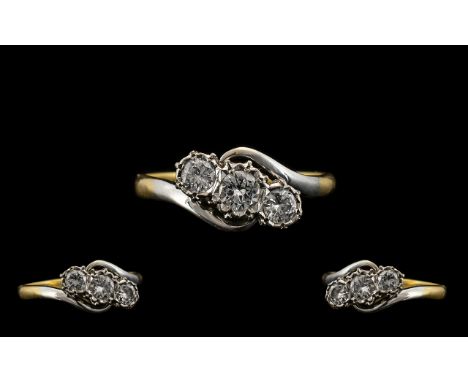 Ladies 18ct Gold Diamond Ring, Three Round Brilliant Cut Diamonds, Illusion Set On A Twist, Estimated Diamond Weight .50ct, S