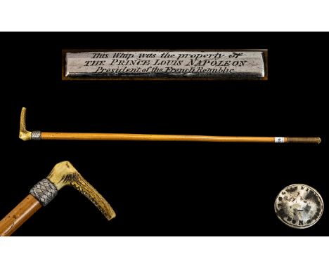 19th Century Antler Horn Handle & Silver Mounted Riding Crop with silver button which reads 'Made by C Griffith, London'.  Al