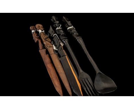 Five African Fine Quality Carved Hardwood Figured Handled Paper Knives, Fork &amp; Spoon of good patination, depicting women 