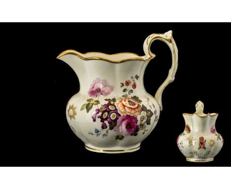 Rockingham Style Hand Painted Porcelain Jug of Masonic Interest. Decorated to the body with English flowers. Hand in Heart em