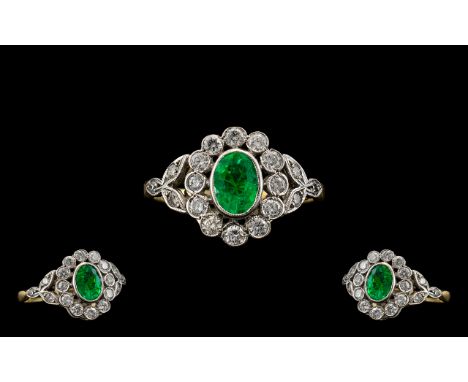 Art Deco Period - Fine Quality and Attractive 18ct Gold Diamond and Emerald Set Dress Ring. The Natural Emerald of Excellent 