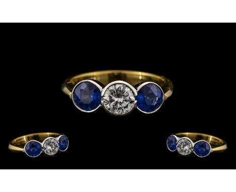 Art Deco Period Good Quality and Pleasing 18ct Gold Three Stone Sapphire and Diamond Set Ring rub over setting the natural bl