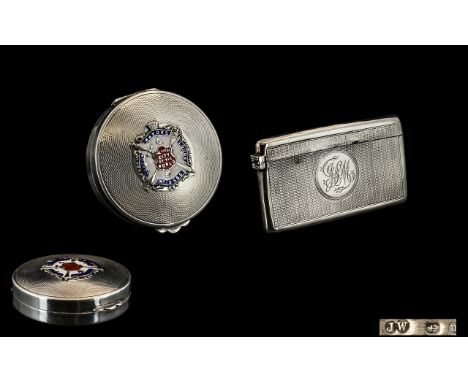Ladies 1930's Masonic Engine Turned Silver and Enamel Circular Compact. Hallmark for 1936 - 1937, Marks to Enamels Read - Lon