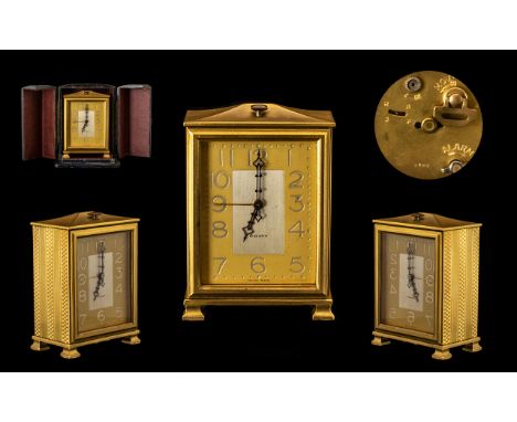 Art Deco Swiss Made Excellent Quality Gilt Metal 8 Day Travellers Miniature Clock with Alarm Facility. Serial No 3189. Comple
