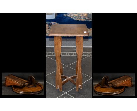 Small Oak - Arts &amp; Crafts Square Topped Urn Table 25" High, 13" Wide - together with a small mahogany round tray, wooden 