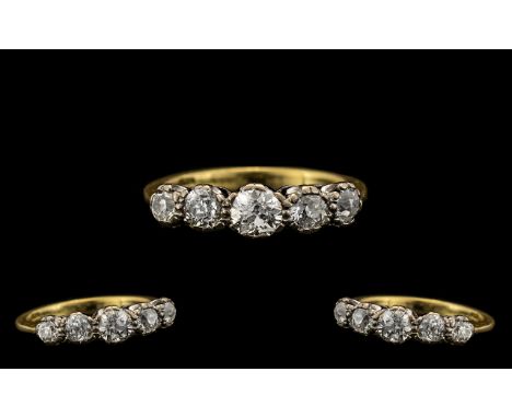 Antique Period Pleasing 18ct Gold 5 Stone Diamond Set Ring. Marked 18ct. All Semi-Cut Cushion Diamond of Good Colour / Clarit