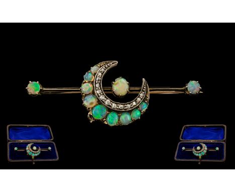 Victorian Period - Gold Set Superb Diamond and Opal Set Crescent Moon Brooch of Wonderful Form and Quality. The Opals of Good