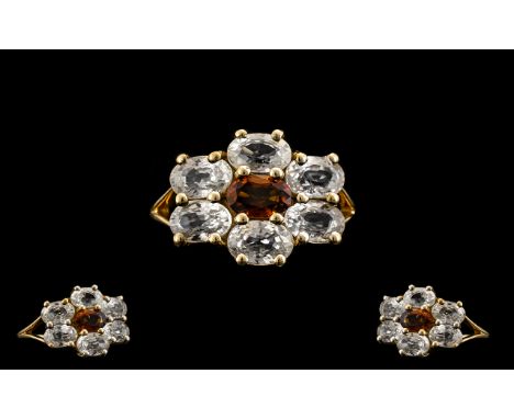 Ladies Attractive 9ct Gold Orange Topaz &amp; White Topaz Set Dress Ring.  Fully hallmarked 9.375.  Pleasing design and setti