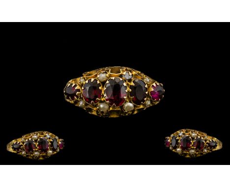 Antique Period - Attractive 9ct Gold Amethyst, Garnet &amp; Pearl Set Ladies Dress Ring in a gallery setting.  Hallmarked Bir