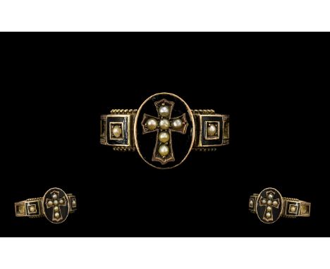 Antique 9ct Gold Mourning Ring black enamel with seed pearl to centre. Some inclusions missing to band. Ring size M. Please s