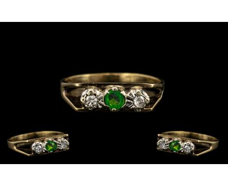 9ct Gold Attractive 3 Stone Diamond and Emerald Set Dress Ring. Full Hallmark for 9.375. Ring Size - K. All Aspects of Condit