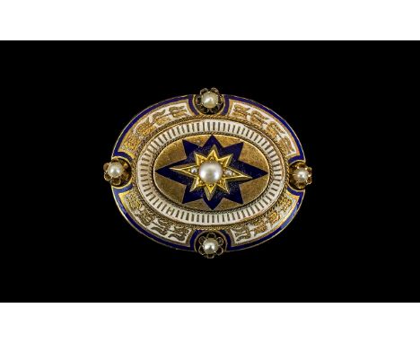Antique Period 9ct Gold and Blue Enamel Mourning Brooch Set Pearls of Oval Form, Not Marked But Tests Gold. Please Confirm wi