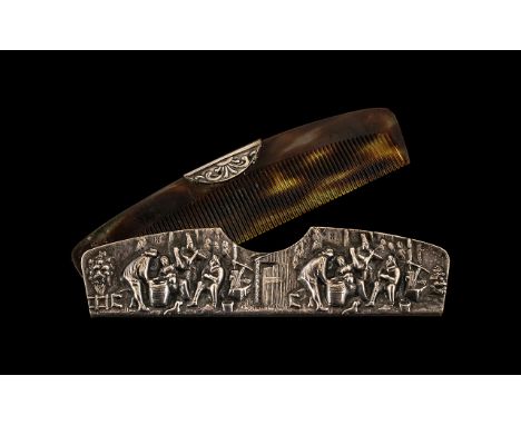 Dutch Silvered Metal Comb &amp; Holder embossed with the Teniers Drinking Tavern Scenes (circa 1920s)  5'' in length.  Please