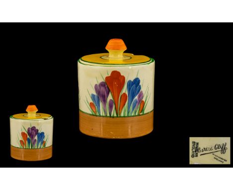 Clarice Cliff Hand Painted Lidded Preserve Pot ' Crocus ' Pattern. c.1929. 4 Inches - 10 cm High. All Aspects of Condition Is
