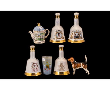 Four Advertising Wade Pottery Scotch Whisky Bottles.  Also includes a glass Coronation beaker, a Sadler Hunting Teapot, and a