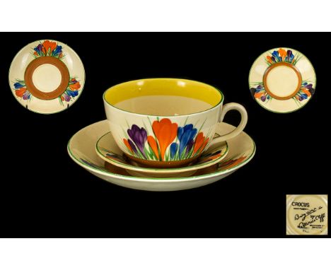 Clarice Cliff 1930's Hand Painted Cup and Saucer + A Matching Small Saucer ' Crocus ' Pattern. Date 1929. Saucer 5.5 Inches -