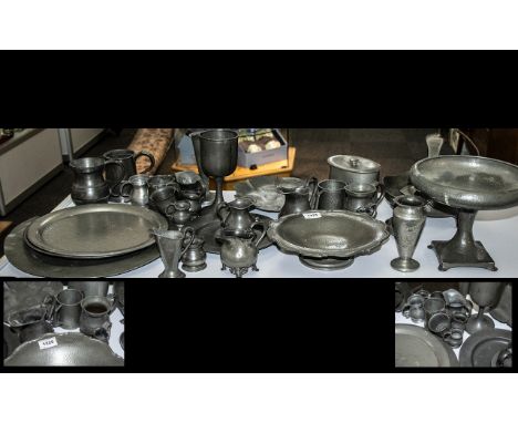 A Large Selection of Antique and Vintage Pewter to include 13 tankards of various sized, 6 cream jugs, 7 various sized plates