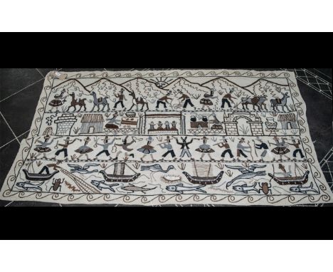 Peruvian Antique Hand Stitched South American Tapestry Covering, depicting Lamas, with figures farming, sailing boats and var