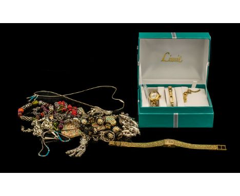 Collection Of Costume Jewellery To Include A Boxed “Limit” Wristwatch, Bracelet And Pendant Set, White Metal Earrings, Bracel