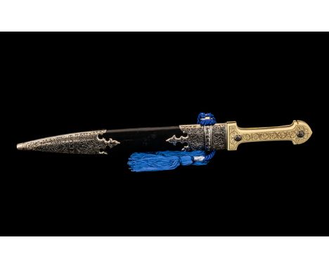 Replica Middle Eastern Dagger with Engraved Blade - in fancy metal mounted scabbard. 17" in length.