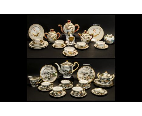 Two Oriental Part Tea Services to include a Tea Pot, Milk Jug, Lidded Sugar Pot, five cups, six saucers, and six side plates,