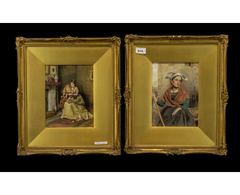 Kilburne - A Pair of Fine Quality Watercolour Drawings in Glazed Gilt Frames - mother and child in parlour knitting in front 