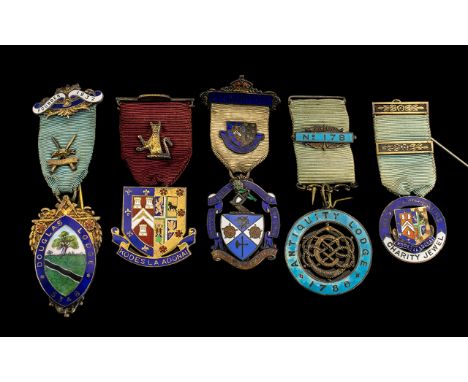 Masonic Interest - A fine collection of hallmarked silver and enamel Masonic Medals (5) in total. 1. Douglas Lodge no. 5348. 