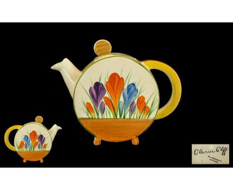 Clarice Cliff Hand Painted Bonjour Teapot ' Crocus ' Design. Date 1929. Height 5.5 Inches - 13.75 cm. All Aspects of Conditio