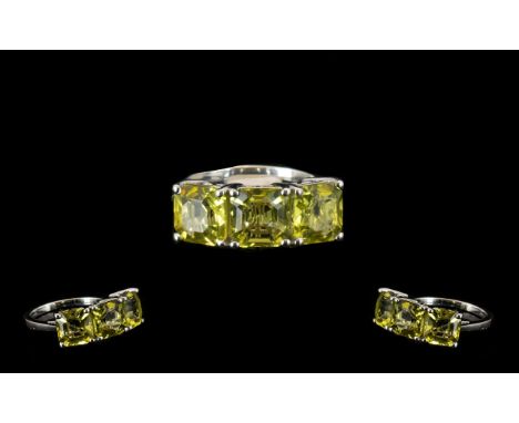 Ouro Verde Quartz Three Stone Ring, natural green gold quartz in an 8mm square octagon cut, measuring 7.2cts over three stone