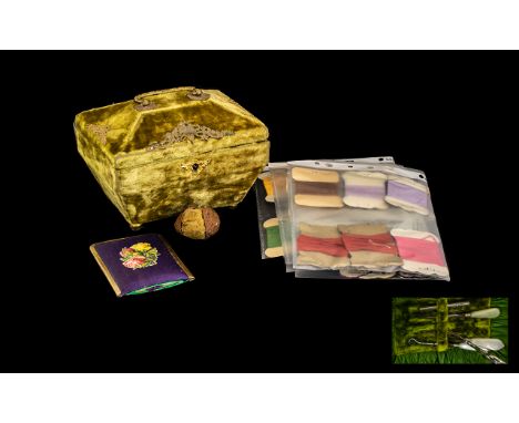 Sewing Box Adapted Tea Caddy Silk Lined And Covered In Velvet, Containing Mother Of Pearl Handled Stiletto/Tools etc + Embroi