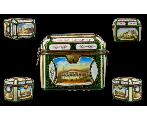 French Superb Quality 19th Century Bohemian Glass - Enamelled Lidded Casket / Jewellery Box of Chamfered Rectangular Form, Th