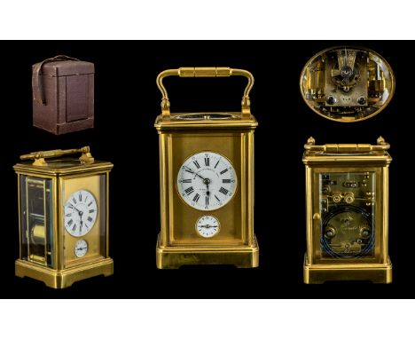 French 19th Century Gilt Brass Repeater Carriage Clock with alarm facility signed to dial Goldsmiths and Silversmiths Company
