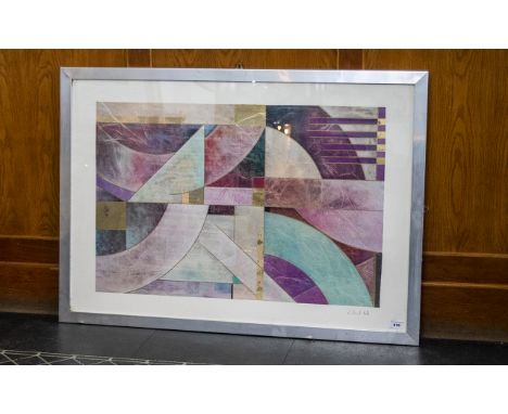 Richard Hall Listed Modern Abstract Large Print.  Cubistic designs, highlighted in gold.  Pencil signed, alloy framed.  Measu