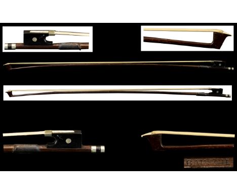 Violin Bow by German Maker Bausch nickel mounted Vuillaume  style with ebony frog inlaid with pearl eye. The round stick of P