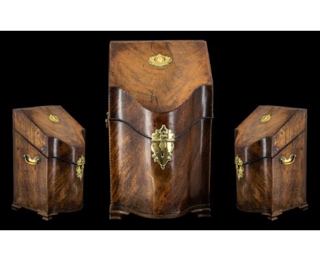 Georgian Period Shaped Mahogany Lift Up Lid Cutlery Box, bombe fronted, on shaped bracket feet.  Brass carrying handles to th